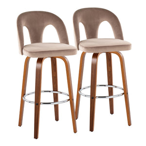 English Elm Fixed-height Swivel Barstools Walnut Legs Taupe Velvet Seat Chrome Footrest Set B202S01889