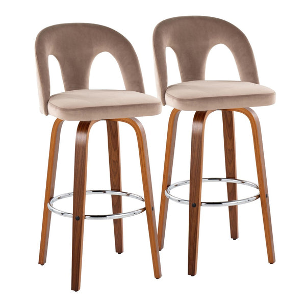 English Elm Fixed-height Swivel Barstools Walnut Legs Taupe Velvet Seat Chrome Footrest Set B202S01889