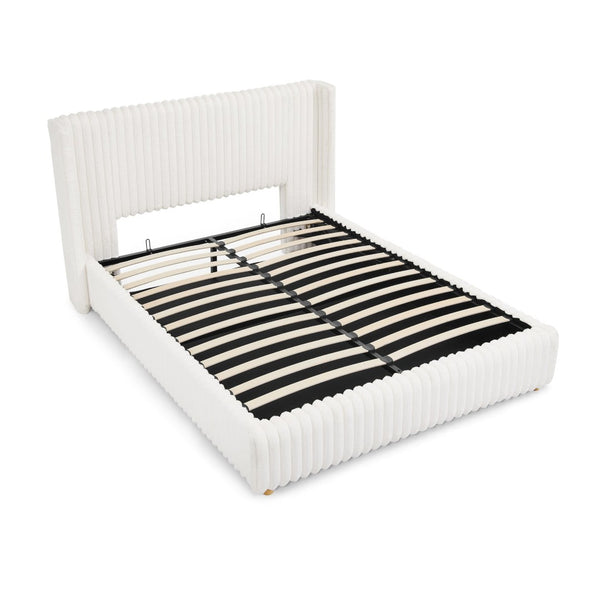 English Elm Queen Storage Bed Plush Ribbed Rabbit Fur Upholstery Gas Lift Platform Modern Luxury W1413S00181