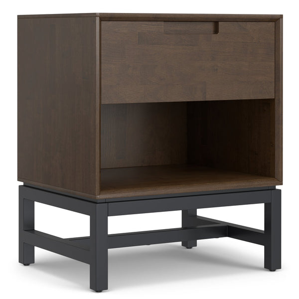 English Elm Banting Solid Rubberwood Nightstand in Walnut Brown with Drawer, Open Shelf & Graphite Base Finish B136P364302