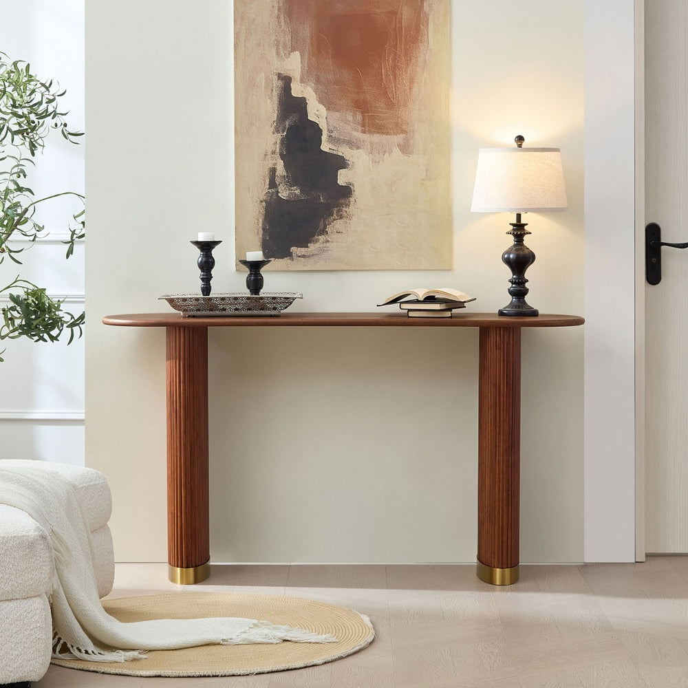 English Elm Length 59 Inch Mdf Wood Veneer Console Table Brushed Gold Steel Base Modern Entryway Brown W2582P406098