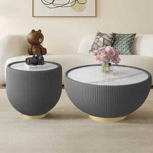 English Elm Light Round Sintered Stone Coffee Table with Leather Base and Brass Accents Modern W3081P309607