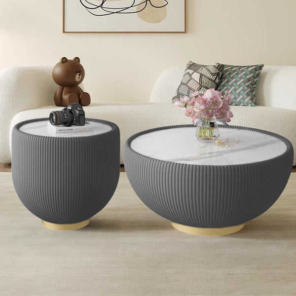English Elm Light Round Sintered Stone Coffee Table with Leather Base and Brass Accents Modern W3081P309607