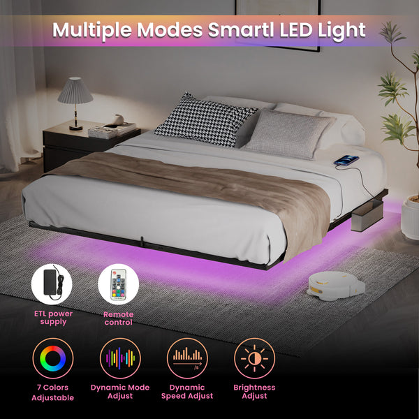 English Elm Floating Bed Frame King Size With Led Lights & Charging Station - Modern Metal Platform Design! W1162P187901