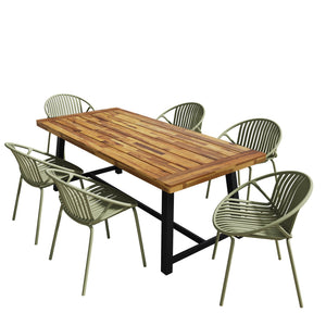 English Elm Christopher Knight Home® - 7 Expandable Outdoor Dining Set with Acacia Table & Stackable Chairs, Durable Metal Frame, Patio Green,Teak+ Black N768P192555G_6_N768P190946T