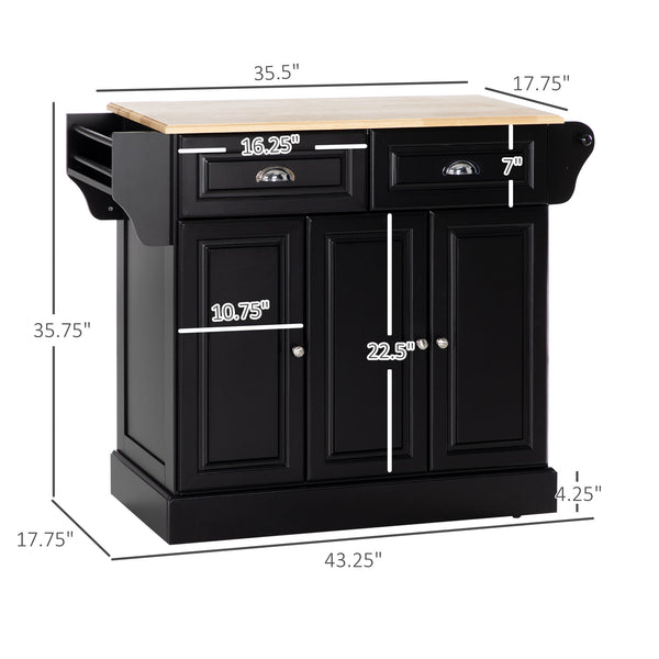 English Elm HOMCOM Mobile Kitchen Island with Drop Leaf Breakfast Bar, Rubberwood Top, Locking Casters & Storage Black W2225P217408