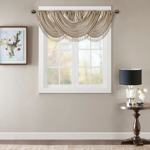 JLA Home Madison Park - Faux Elena Waterfall Valance in Champagne Faux Silk with Lined Draping & Tassel Trim, OEKO-TEX Certified MP41-4952
