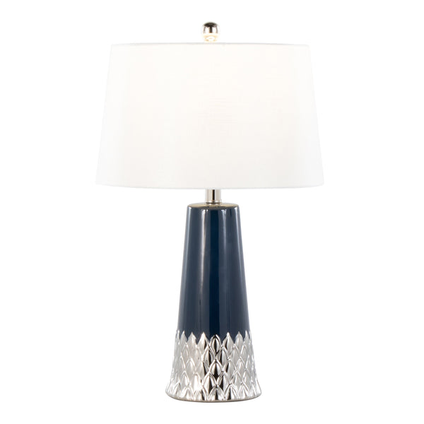 English Elm Penelope 22" Ceramic Table Lamp in Dark Blue with Silver Accent, Woven White Shade, LED Included B202P224198