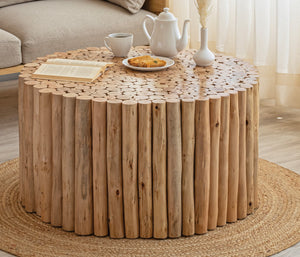 English Elm T1009 Handcrafted Round Coffee Table with Carved Wood Top, Modern Rustic Charm for Living Rooms Natural B009140748