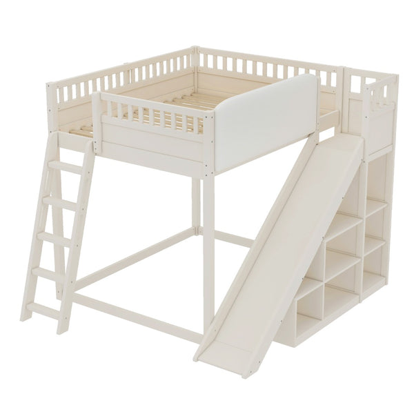 English Elm Full Size Kids Loft Bed Pine Frame Upholstered Headboard Built in Slide and Storage Shelves Beige W1580S00305