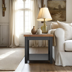 English Elm 24 inch Rustic Farmhouse Side Table Fully Assembled in Black & Whiskey Two-Tone Finish, Shelf Included B108P160148