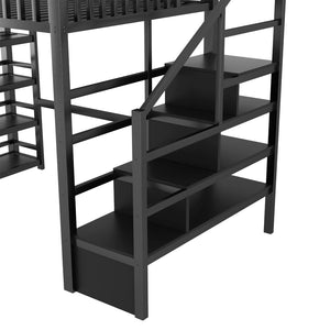 English Elm Full Metal Loft Bed with Stair Storage Rgb Lighting and Charging Station for Teens Black W2580S00074