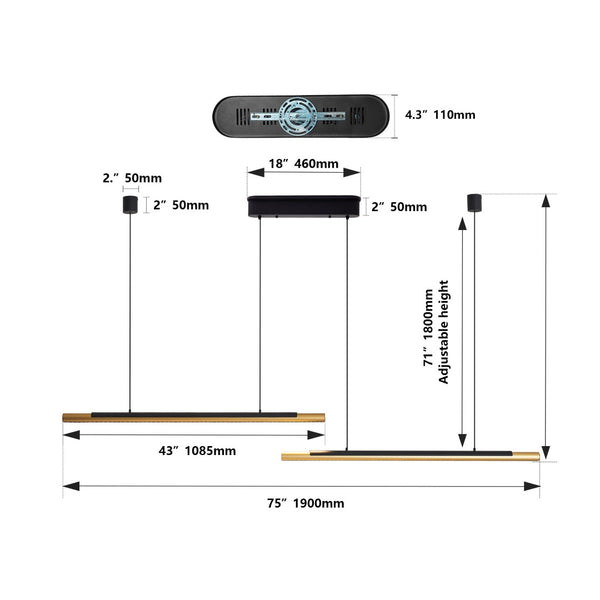 English Elm 75-inch Matte Black Gold Linear Led Pendant Dimmable Fixture for Dining or Kitchen W1340P264190