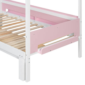 English Elm House-shaped Pine Bunk Bed with Built-in Slide Storage Staircase Twin Over Full Kids Frame White+Pink N820S00082K