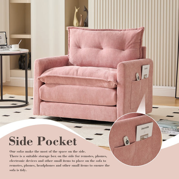 English Elm UNITED Swivel Barrel Chair with Chenille Upholstery, 360° Smooth Rotation, Padded Arm Comfort and Side Pockets for Living Room Relaxation Pink W1568P290091