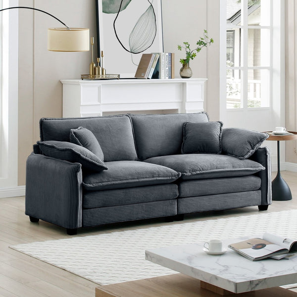 English Elm Warm 2-Seater Sofa With 4 Pillows - Plush Grey Corduroy Upholstery & Deep Supportive Seat Comfort W714S00748-GIGA