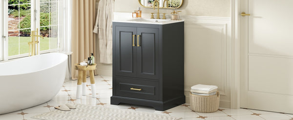 English Elm 24"Bathroom Modern Vanity with Ceramic Sink, Solid Wood Frame, Soft-Close Doors & Smart Storage System Black N729P321378B