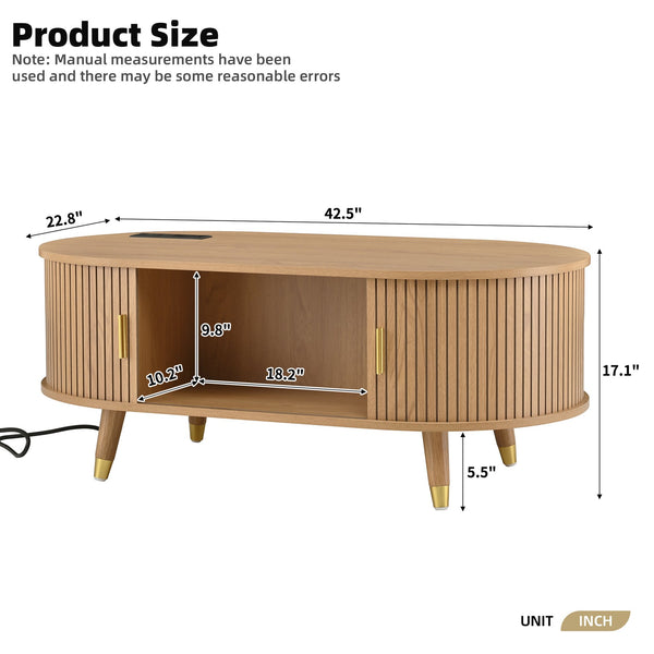 English Elm [Assembly Fluted Tambour Coffee Table with 360° Sliding Door, Built-In Charging Station & Mid-Century Flair Natural N721P297572L