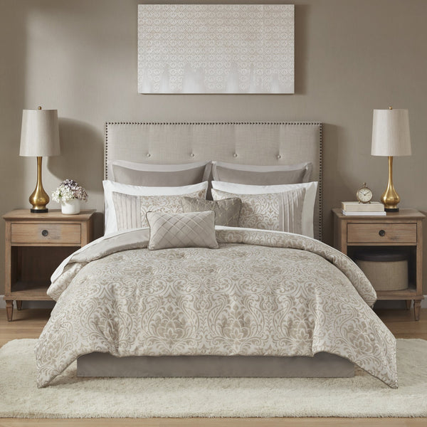 English Elm 12 Madison Park Emilia Jacquard Comforter Set Queen with Metallic Damask, Euro Shams, Sheets & Pillows khaki 18.7 L x 13.98 W x 11.81 H B03597186
