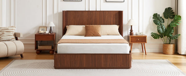 English Elm Natural Fluted Wood Platform Bed Minimalist Queen Frame with Tall Curved Headboard Walnut W5219S00003