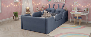 English Elm Twin Kids Platform Bed Teddy Fabric Upholstered with Bunny Cushions and Safety Rails Gray W2593P395809