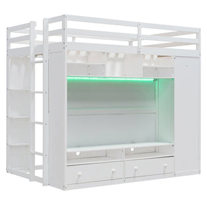 English Elm Full Size Loft Bed with Led Lighting Wardrobe Drawers and Shelves for Teen Rooms White LT000499AAK