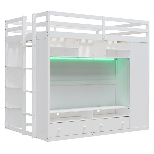 English Elm Full Size Loft Bed with Led Lighting Wardrobe Drawers and Shelves for Teen Rooms White LT000499AAK