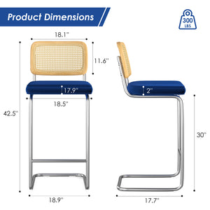 English Elm Counter Height Bar Stools Set Of 2 - Chic Royal Blue Velvet With Rattan Back For Modern Spaces T3623P360717