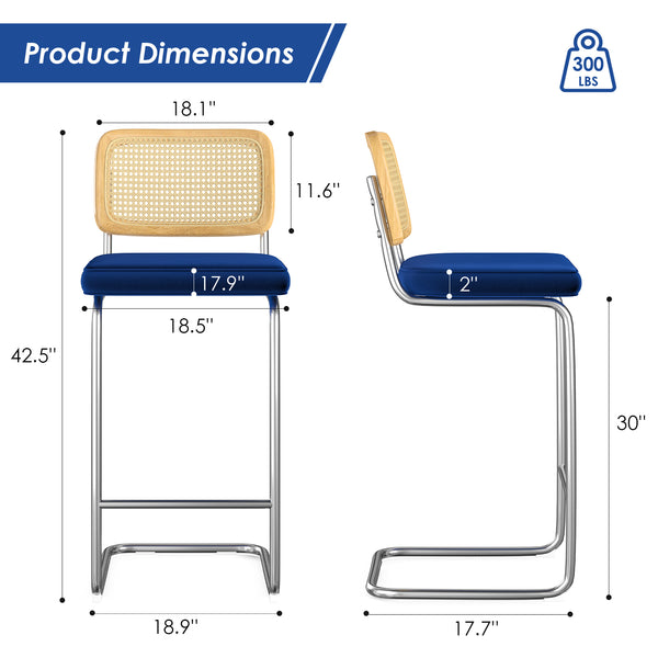 English Elm Counter Height Bar Stools Set Of 2 - Chic Royal Blue Velvet With Rattan Back For Modern Spaces T3623P360717