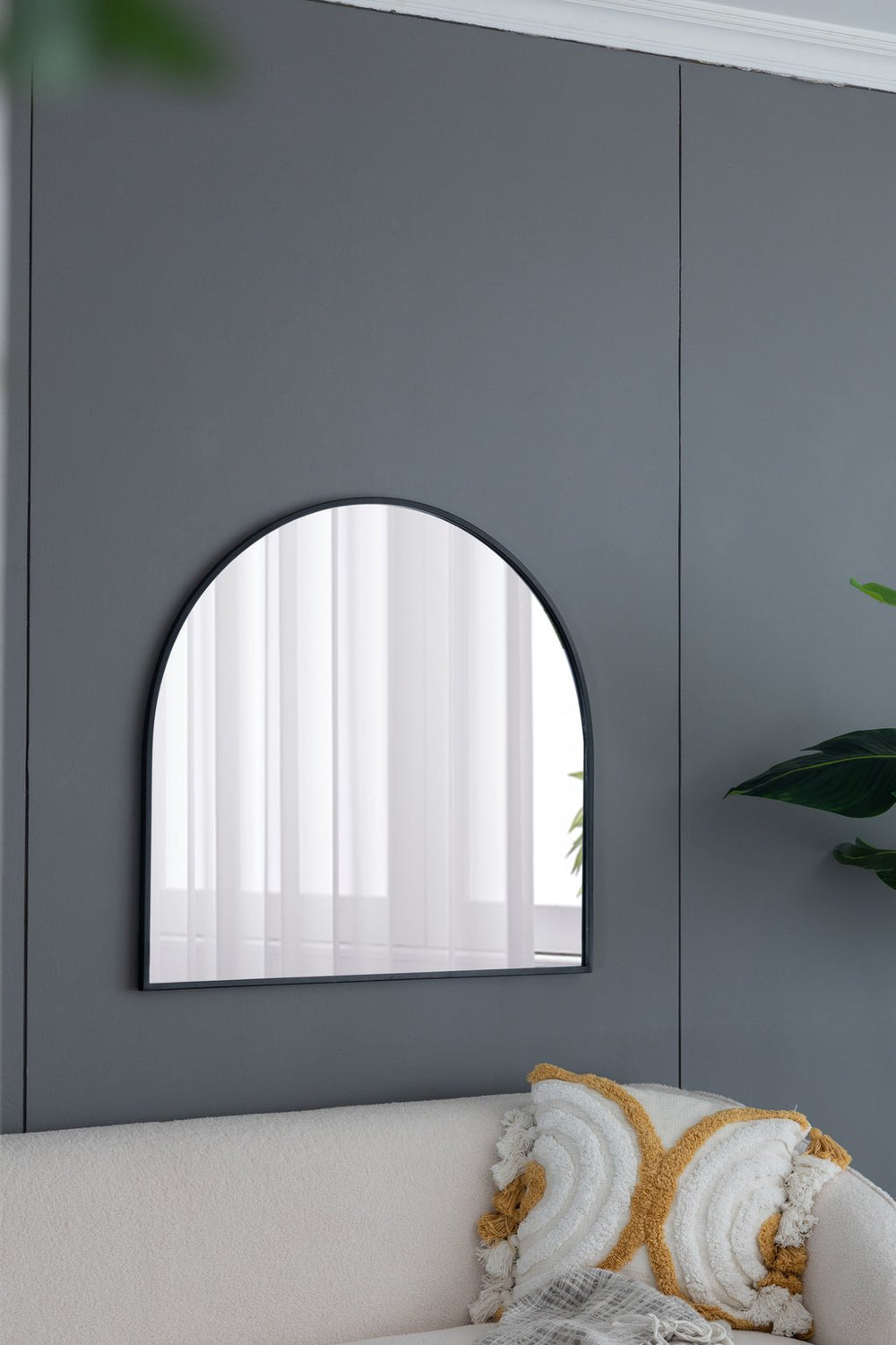 English Elm 33" Arched Decorative Accent Mirror with Black Iron Frame, Modern Wall or Mantel Mirror for Entryway W2078P195624