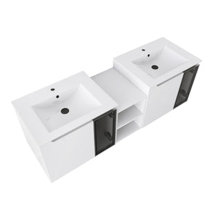 English Elm 60" Floating Double Sink Bathroom Vanity Glossy White Plywood with Frosted Glass Doors W999S00532