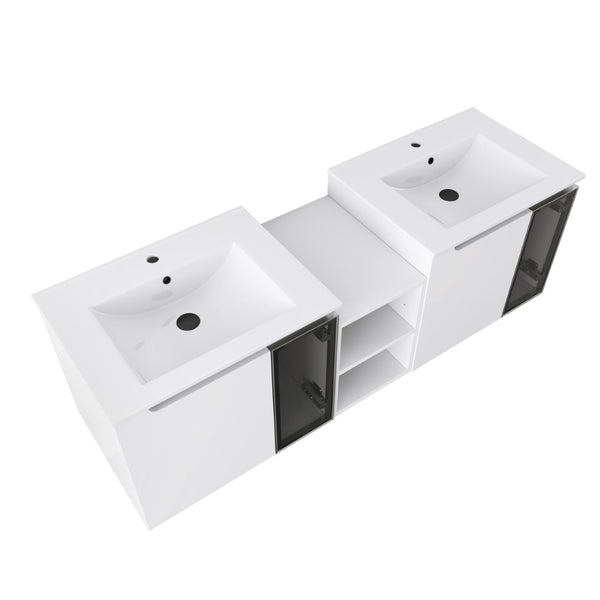 English Elm 60" Floating Double Sink Bathroom Vanity Glossy White Plywood with Frosted Glass Doors W999S00532