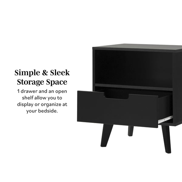 English Elm Walker Edison - Modern 1-Drawer Nightstand with Open Cubby—Sleek Mid-Century Legs, Smooth Glides, Warp-Resistant MDF Black 23.5 L x 18.5 W x 6 H B185P168893