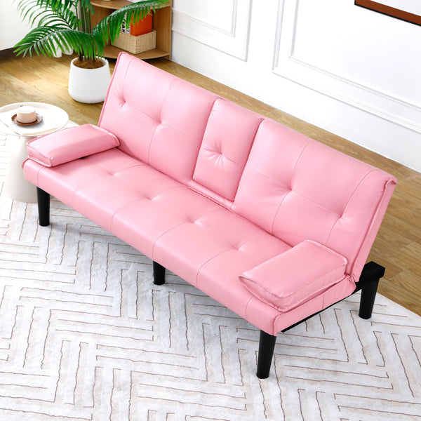 English Elm The 67-inch PVC multi-functional sofa bed with one-click fold, cup holders, sturdy wood frame for apartments Pink W3371P318142