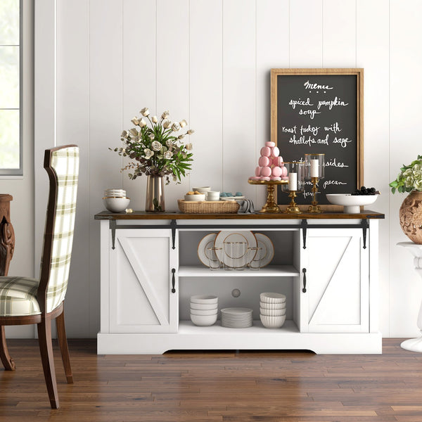 English Elm Homcom Farmhouse Buffet Cabinet With Charging Station, Sliding Barn Doors & Ample Storage Solutions W2225P229467