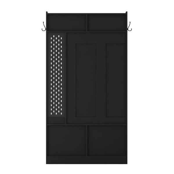 English Elm Hall Tree with Bench Six Hooks Open Shelves Matte Black Mdf Entryway Organizer W1321P444289