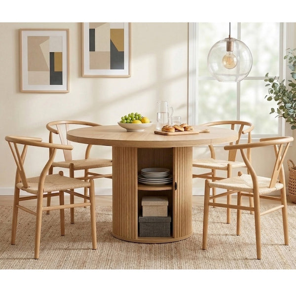 English Elm 4-piece Round Pedestal Dining Set with Woven Wishbone Chairs and Fluted Column Base Natural Wood,Wood W2920S00141