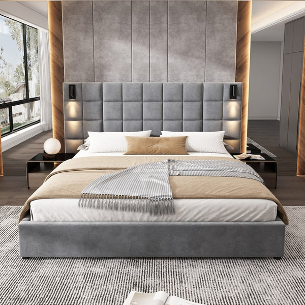 English Elm King Velvet Platform Bed Wide Padded Headboard Integrated Sconces and Usb Charging N757K200132G-1