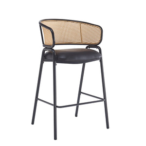 English Elm Christopher Knight Home® - Ethan Metal Upholstered Barstool Set of 2 — Faux Leather Cushions, Woven Rattan Back, Sleek Black Frame N775P290455B