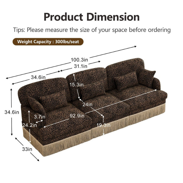English Elm 100" Leopard Chenille Sectional Sofa with Tassel Trim Deep Seat Modular Living Room Couch Brown W5656S00013