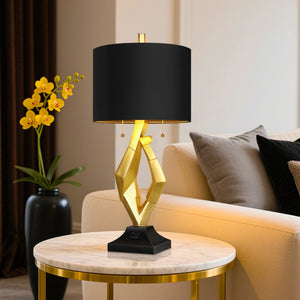 English Elm 25.5in Gold Resin Sculptural Bedside Lamp Set with Black Linen Shades and Usb Ports W3355P440837
