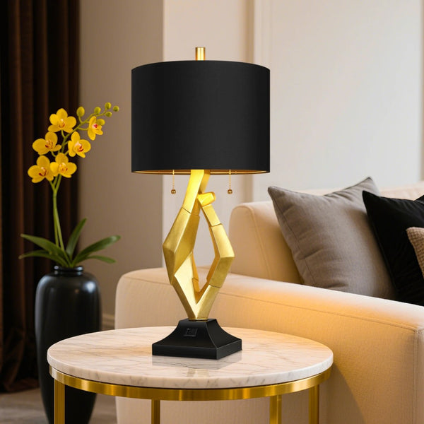 English Elm 25.5in Gold Resin Sculptural Bedside Lamp Set with Black Linen Shades and Usb Ports W3355P440837