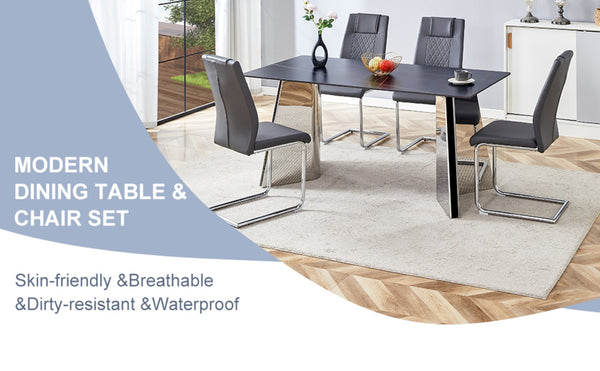 English Elm Table And Chair Set - Luxurious Black Marble-Patterned Top With Stylish Stainless Steel Legs & 4 Pu Chairs W1151S01961-GIGA