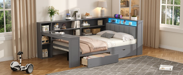 English Elm Wood Full Platform Bed with Led Headboard Built-in Desk Charging Station and Storage Shelves Grey N7090001047E-1