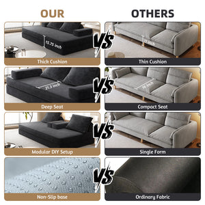 English Elm 86.6"Multifunctional Folding Sofa Bed with Chaise, Fluffy Chenille, Removable Backs & Pillows, Deep Seat Lounge DARK GREY W3219P340667