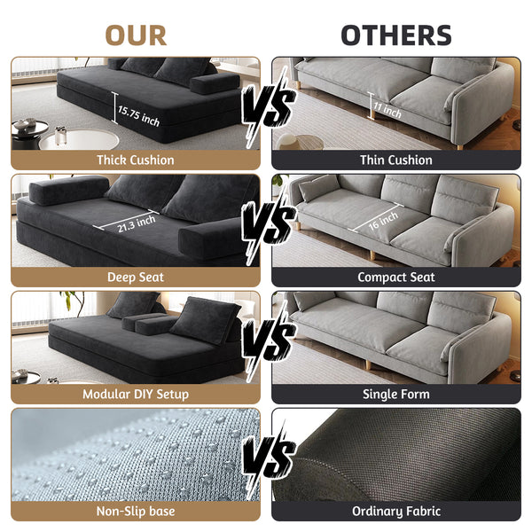 English Elm 86.6"Multifunctional Folding Sofa Bed with Chaise, Fluffy Chenille, Removable Backs & Pillows, Deep Seat Lounge DARK GREY W3219P340667