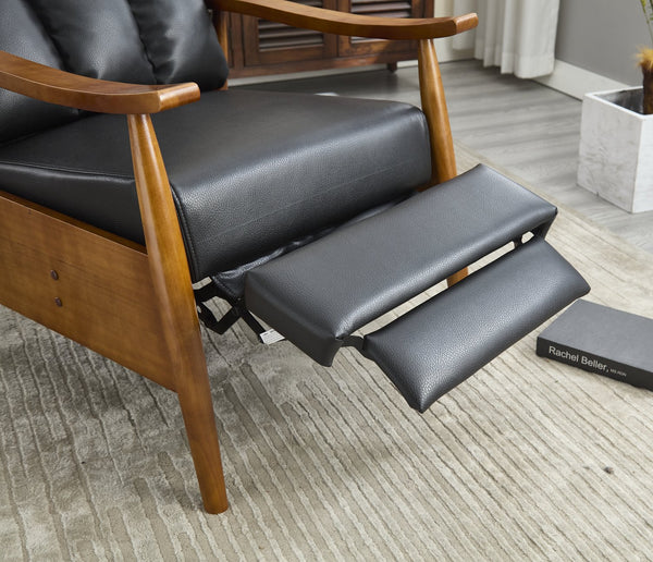 English Elm COOLMORE Mid-Century Recliner Armchair with Footrest, Plush Foam Cushion, Solid Wood Frame Comfort Black PU W1539P210125