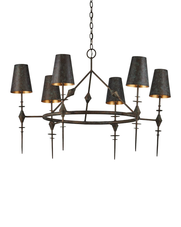Currey & Company Anselm Chandelier: Brutalist Elegance With Textured Verdigris Bronze & Shimmering Gold Finish Black Wrought Iron 9000-1311-currey-company