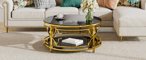 English Elm Round Tempered Glass Coffee Table with Gold Geometric Metal Base and Open Storage Shelf Black N735P396530B