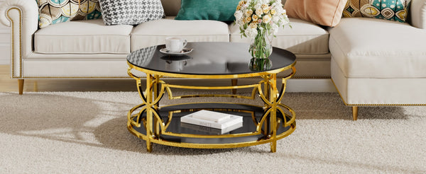 English Elm Round Tempered Glass Coffee Table with Gold Geometric Metal Base and Open Storage Shelf Black N735P396530B